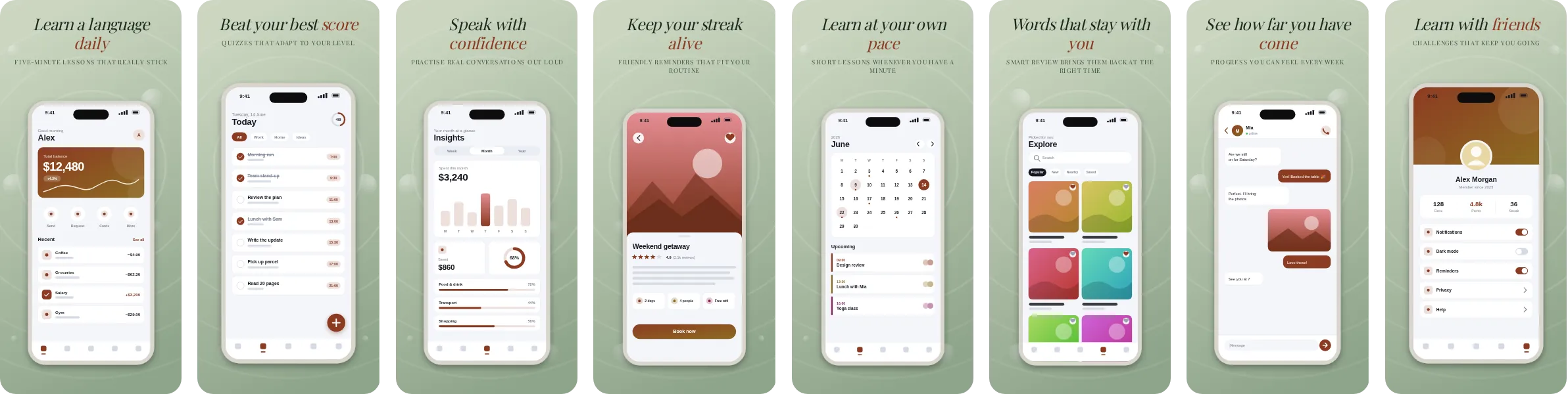 Sage: 8-slide App Store and Google Play screenshot template, light, set in Playfair Display