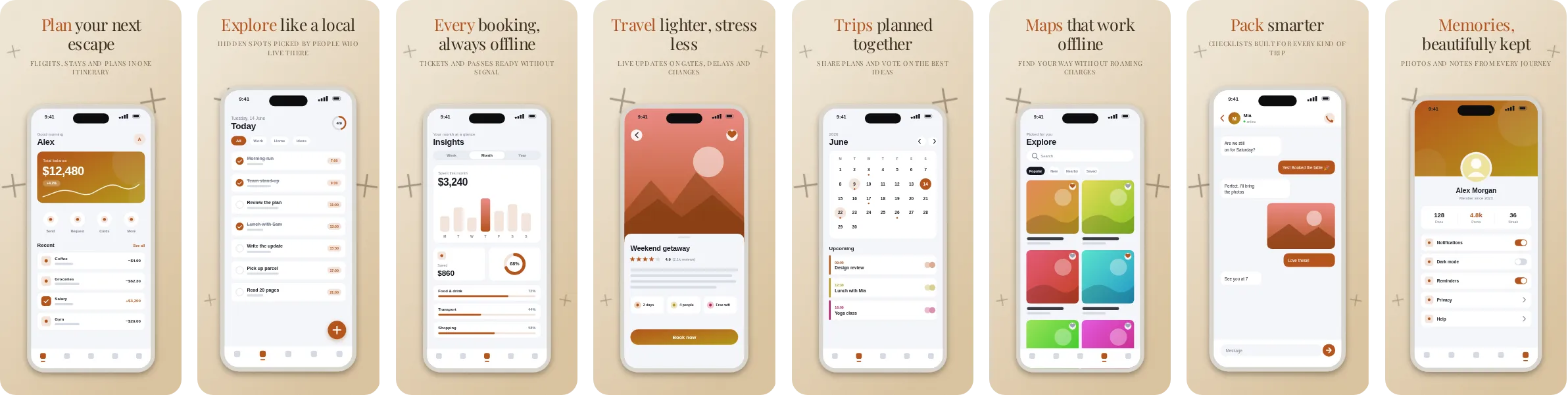 Sand: 8-slide App Store and Google Play screenshot template, light, set in Playfair Display