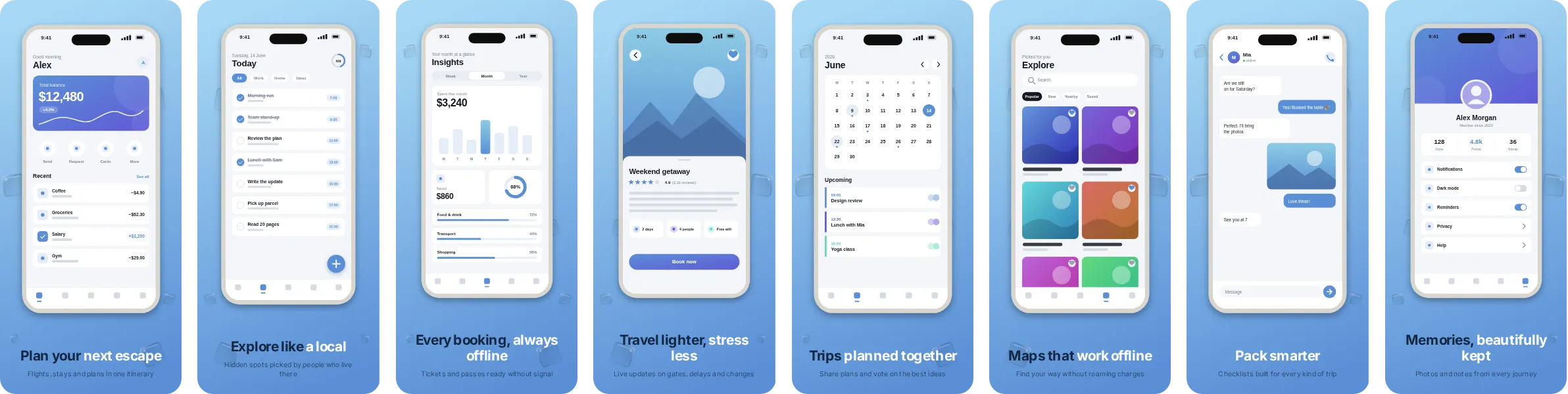 Sky: 8-slide App Store and Google Play screenshot template, light, set in Inter