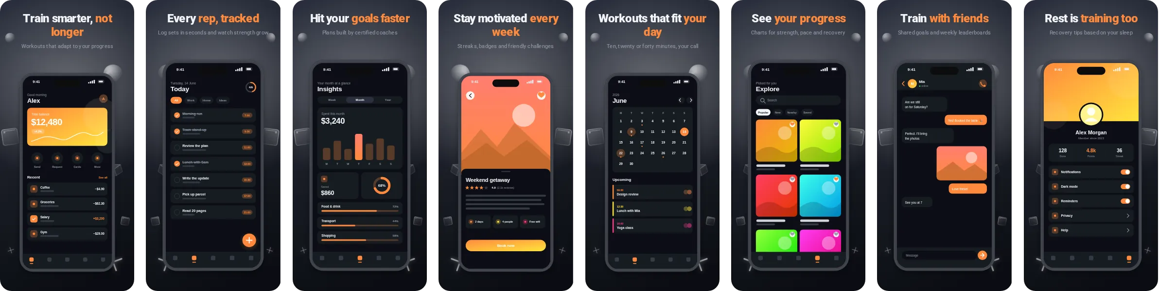 Stage: 8-slide App Store and Google Play screenshot template, dark, set in Roboto
