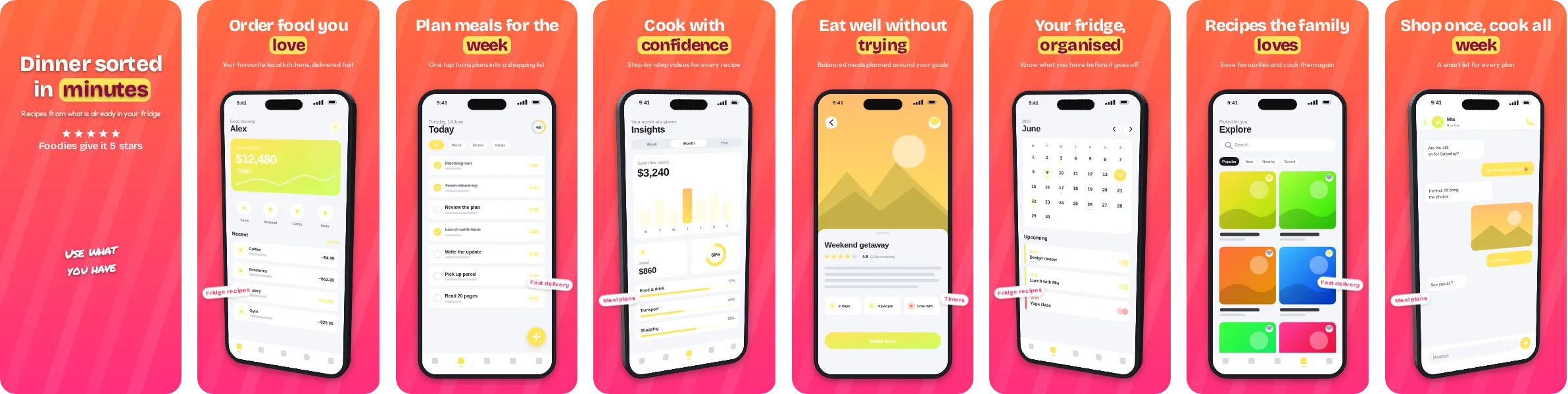 Sunburst: 8-slide App Store and Google Play screenshot template, bold, set in Bricolage Grotesque
