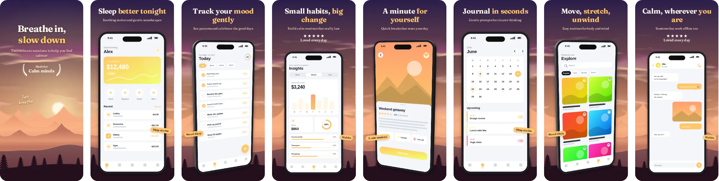 Sundown: 8-slide App Store and Google Play screenshot template, bold, set in Fraunces