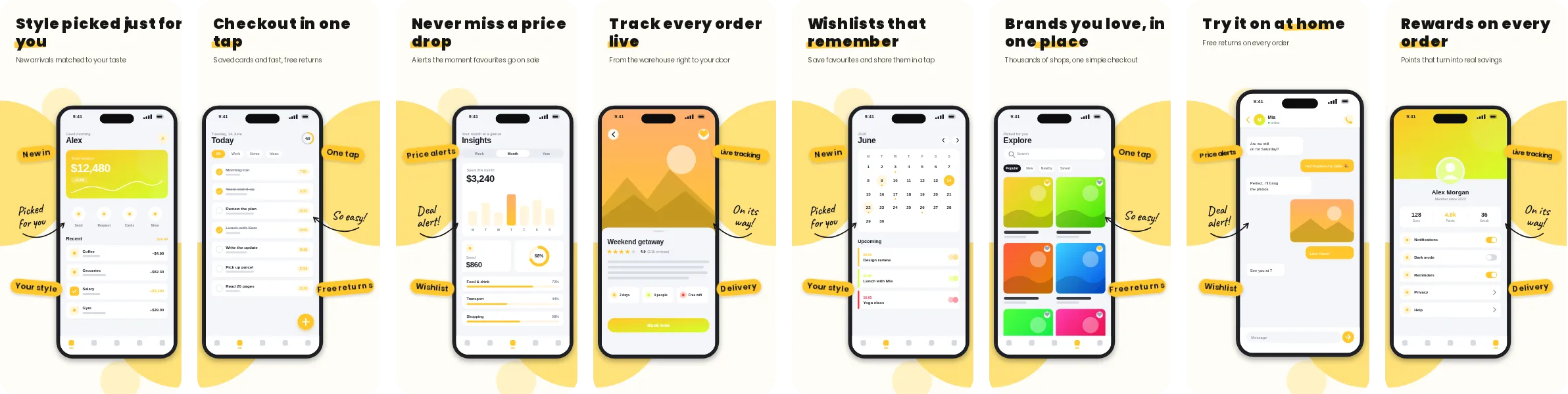 Sunny: 8-slide App Store and Google Play screenshot template, light, set in Poppins