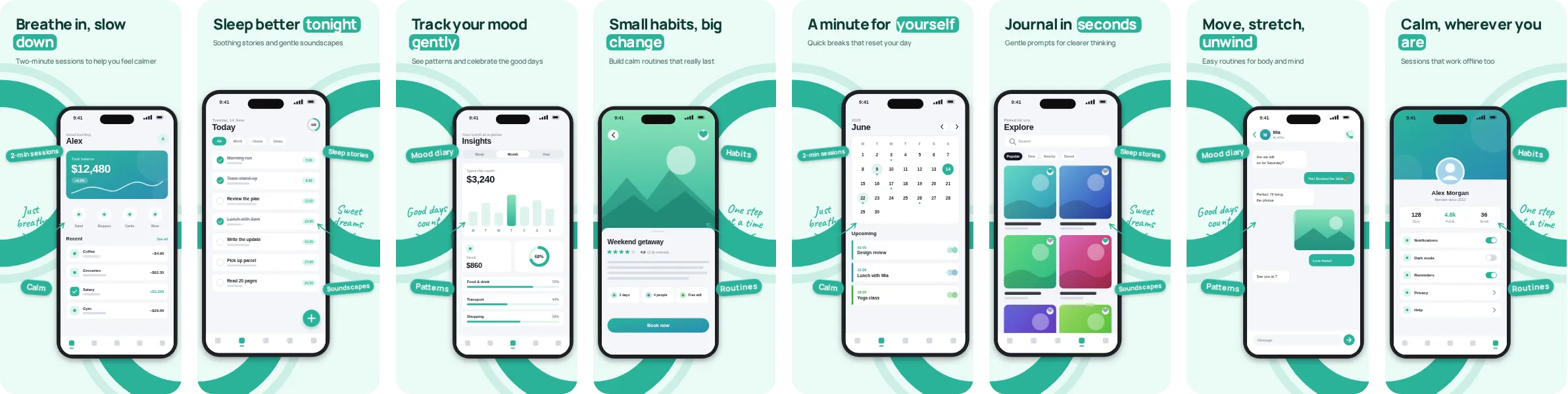 Tidepool: 8-slide App Store and Google Play screenshot template, light, set in Manrope