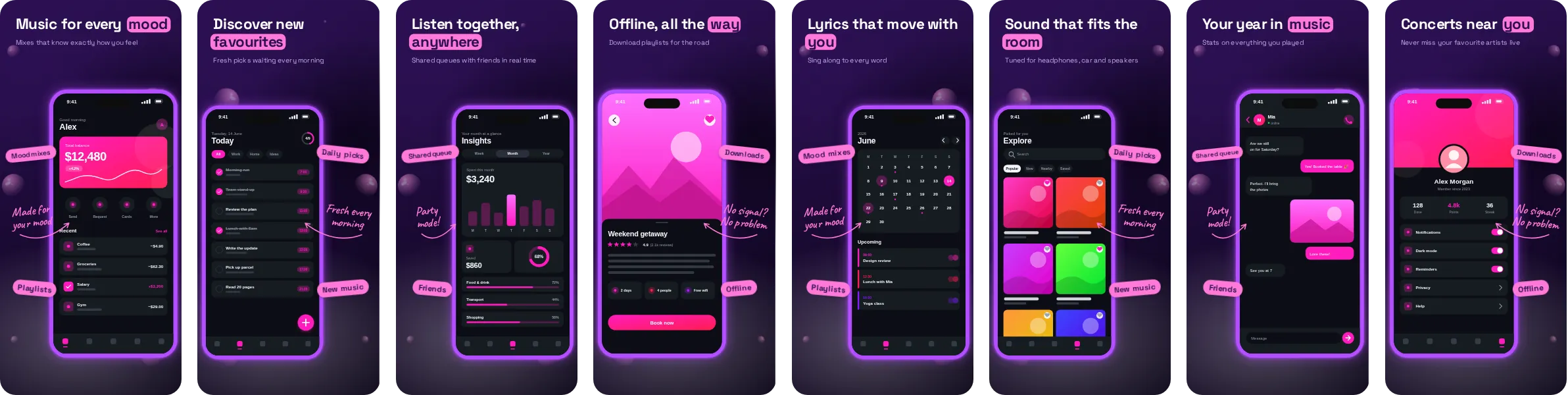 Velvet: 8-slide App Store and Google Play screenshot template, dark, set in Space Grotesk